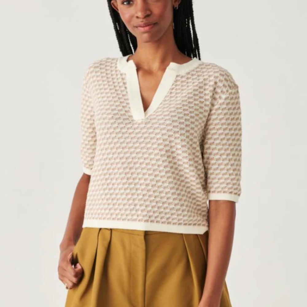 White + Warren lightly worn "Linen Cotton Blend Striped Split Neck T-shirt"